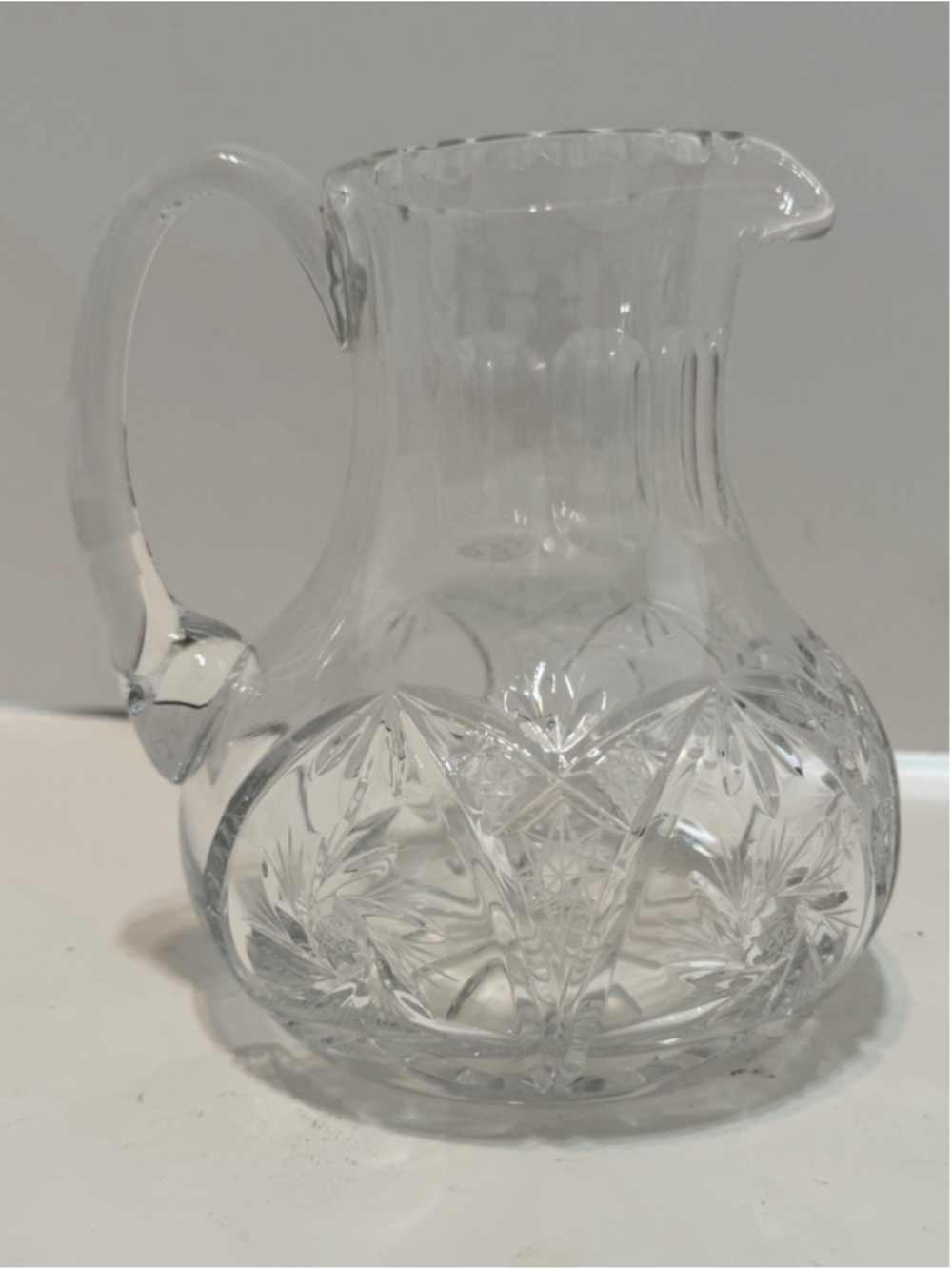 Vintage Fine Crystal Cut Glass Whirling Hobstar Pattern Pitcher 6” Tall